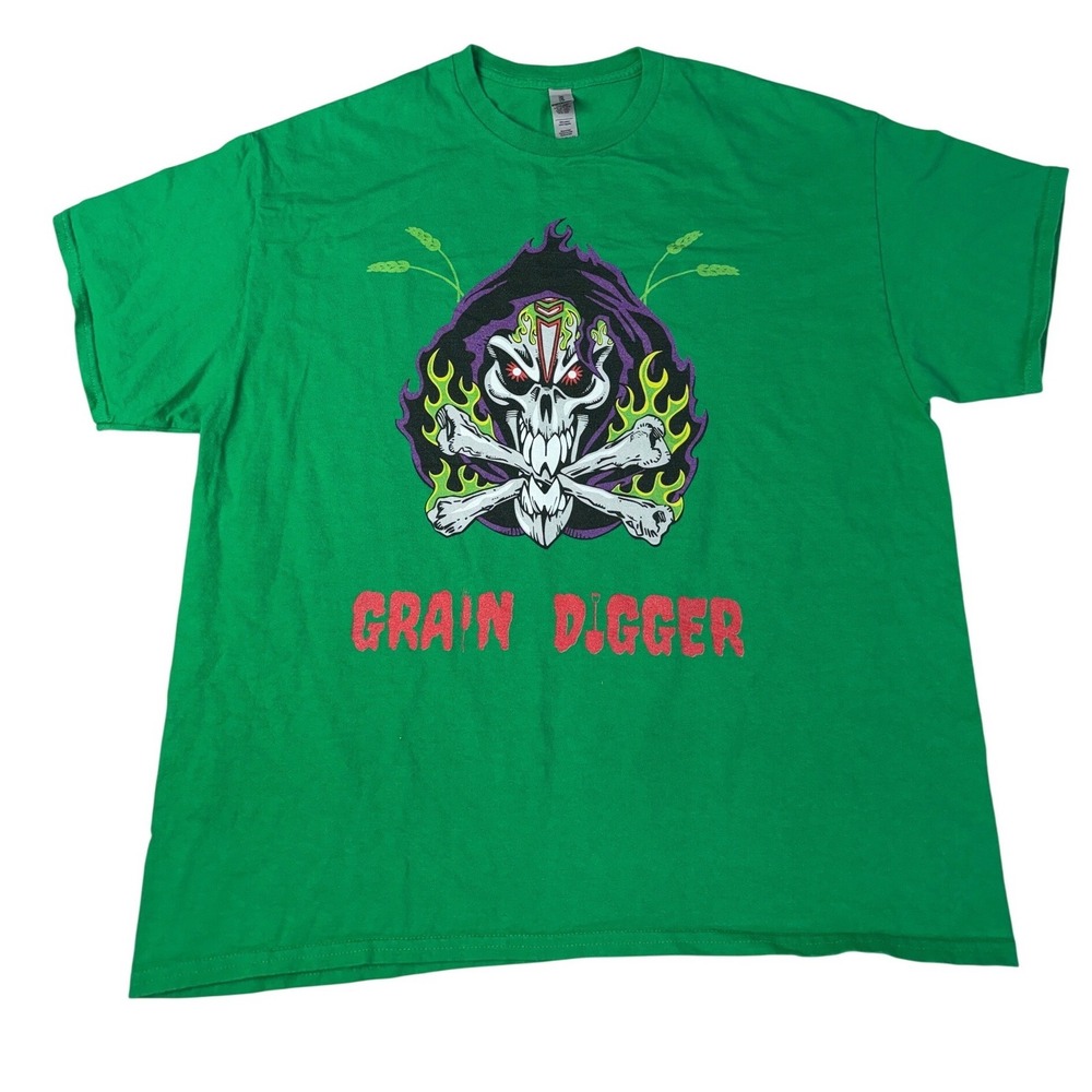 Gildan Grain Digger Graphic T-Shirt XL Green Bad To The Bone Skull Monster Truck